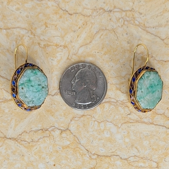 Vintage Chinese Jadeite Filigree Gilt Silver Carved Jade Enamel Dangle Earrings - Picture 4 of 10